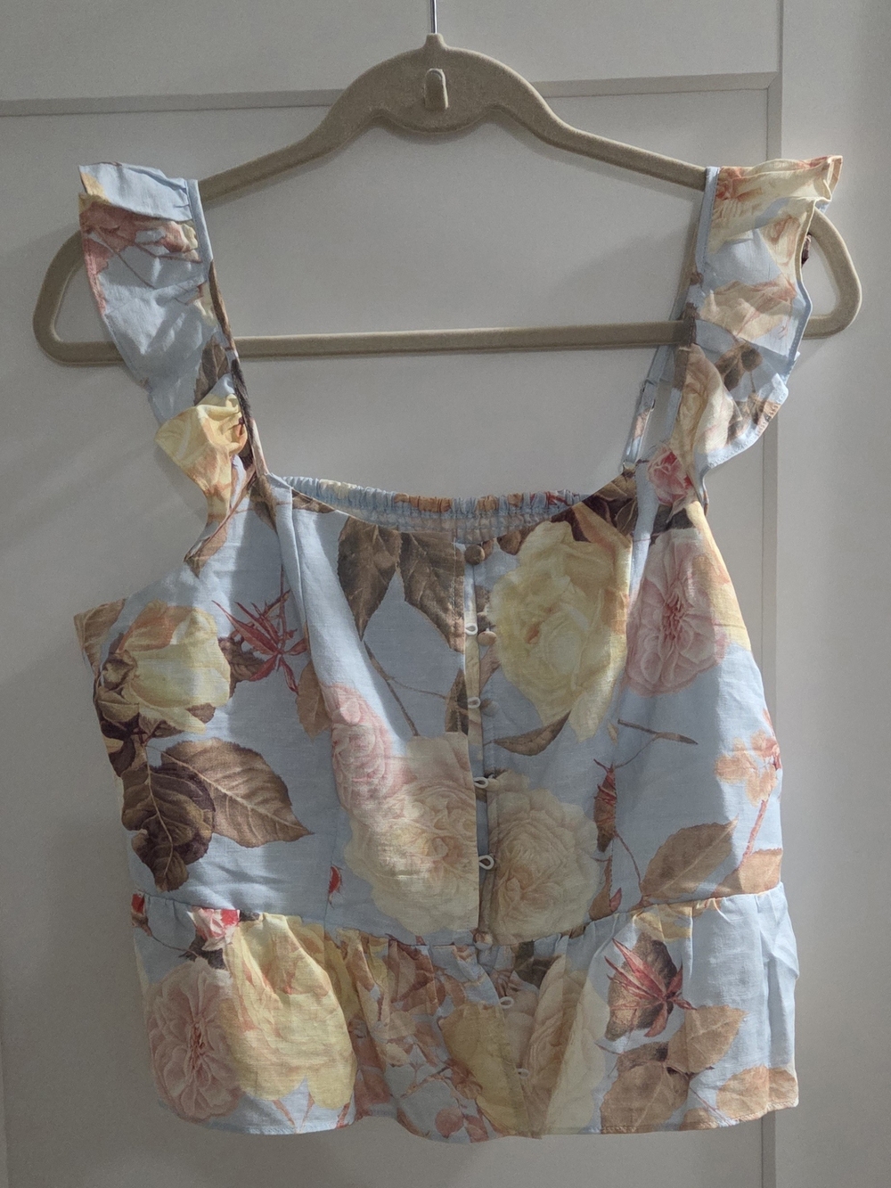 Guess Floral Button-Front Crop Top - Light Blue with Yellow & Pink